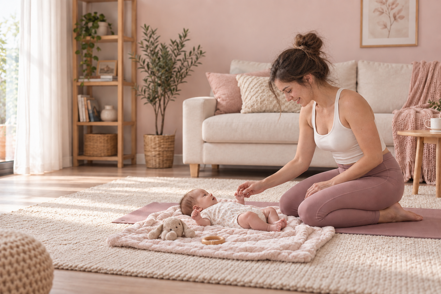 Mama spielt entspannt mit ihrem Baby auf der Matte