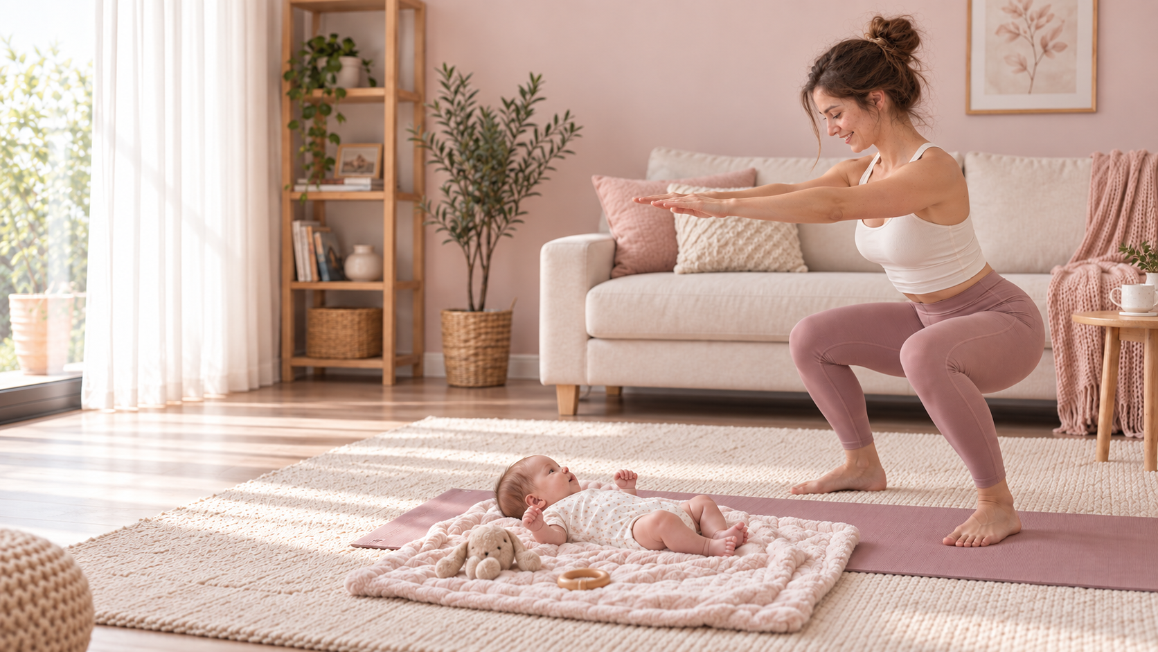Mama macht Kniebeugen vor ihrem Baby